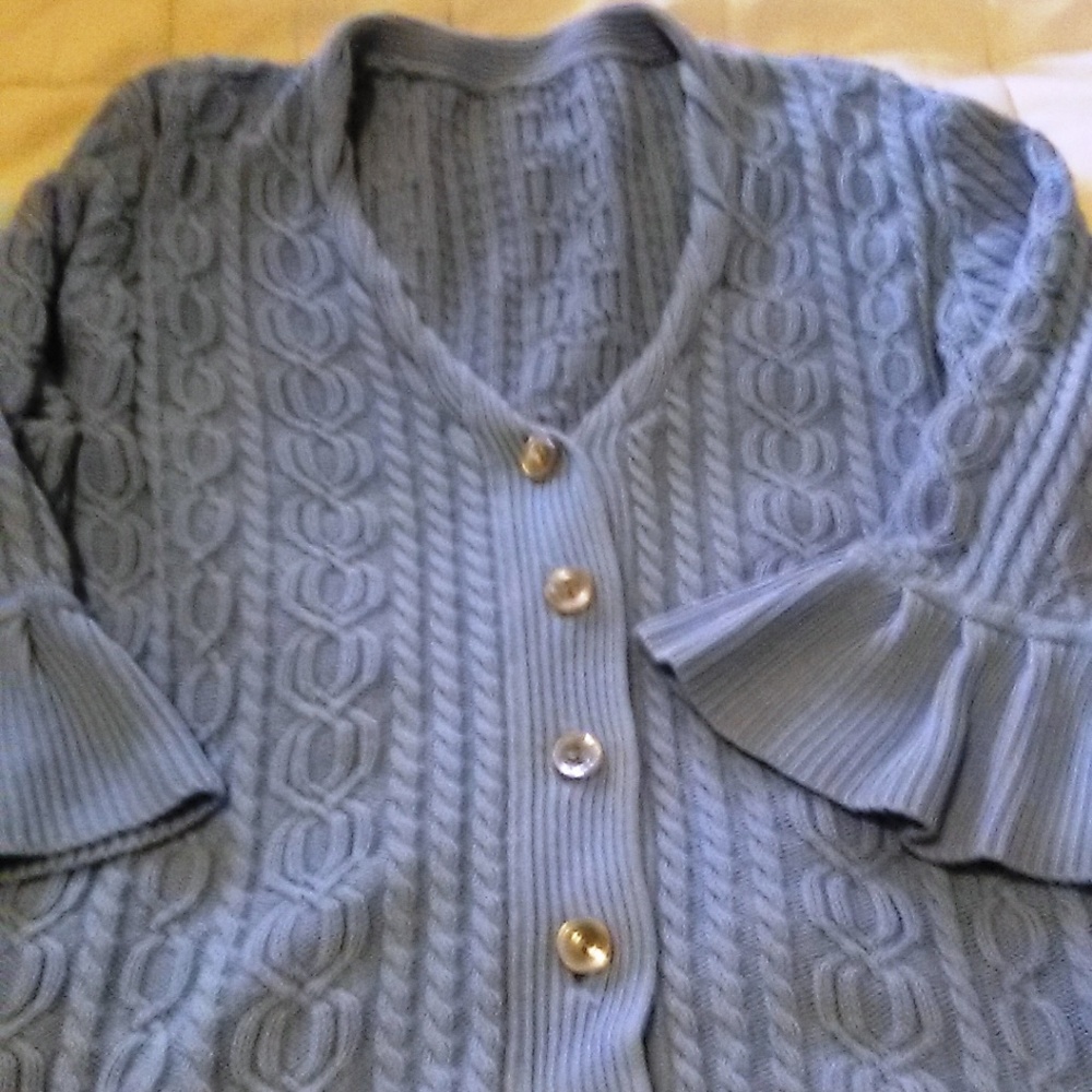 Light Blue 100% Cotton 3/4 Flared Sleeve Cardigan